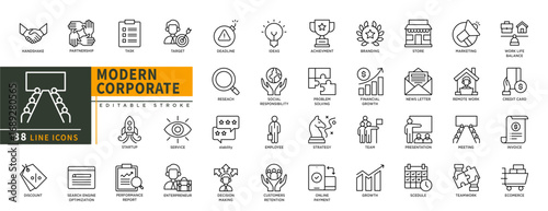 Minimalist Modern Corporate Business line icons set with editable stroke, featuring handshake, partnership, task, target, deadline, research, achivment, branding, store, tea. thin linear illustration.
