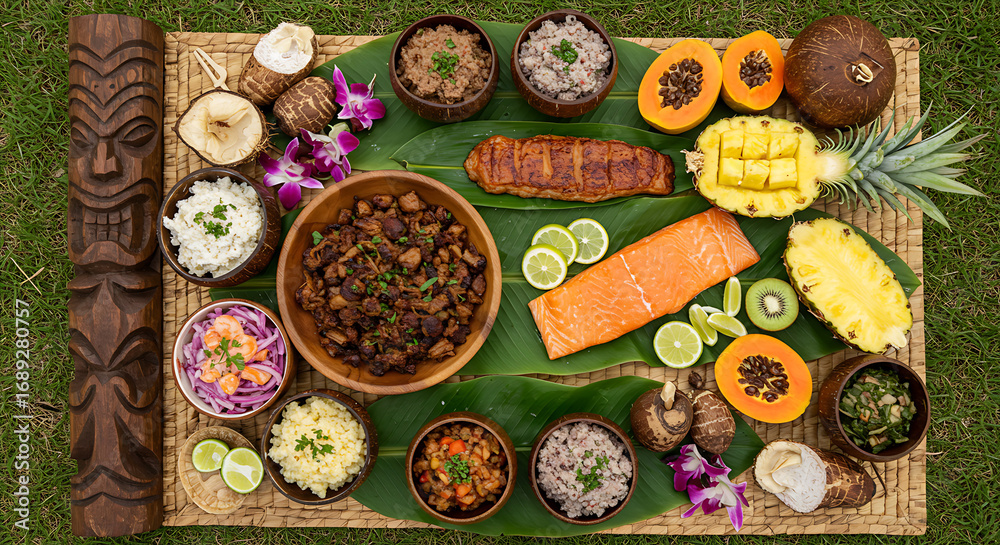 Fototapeta premium Flat lay of Hawaiian luau feast featuring kalua pork on banana leaves, poi in wooden bowl, lomi lomi salmon, taro root, and tropical fruits like pineapple and papaya. Props include coconut shell bowls