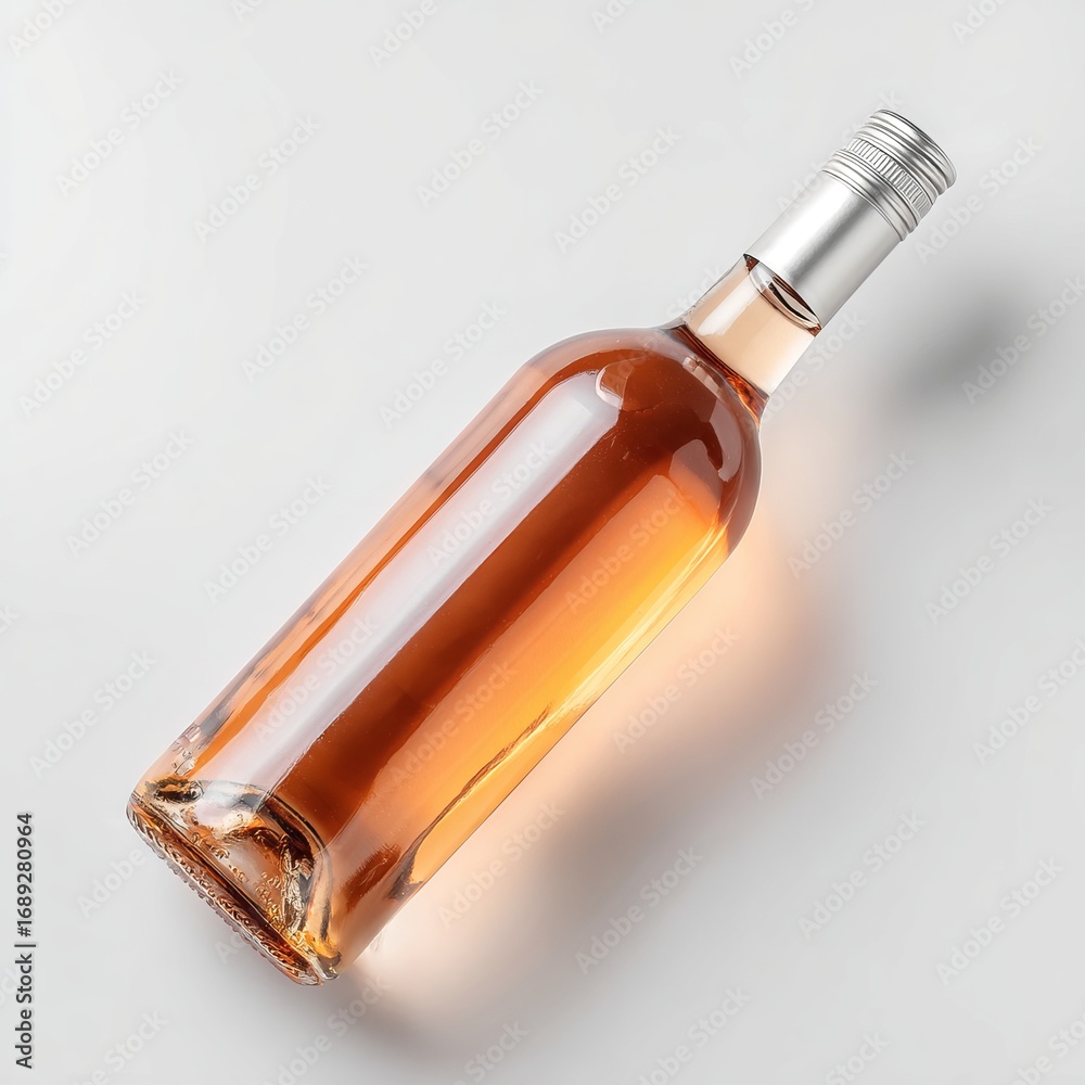 Fototapeta premium A single bottle of rose wine isolated on a diagonal plane, evoking a sense of luxury and indulgence