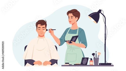 Professional makeup artist applying cosmetics to a male client in a studio setting