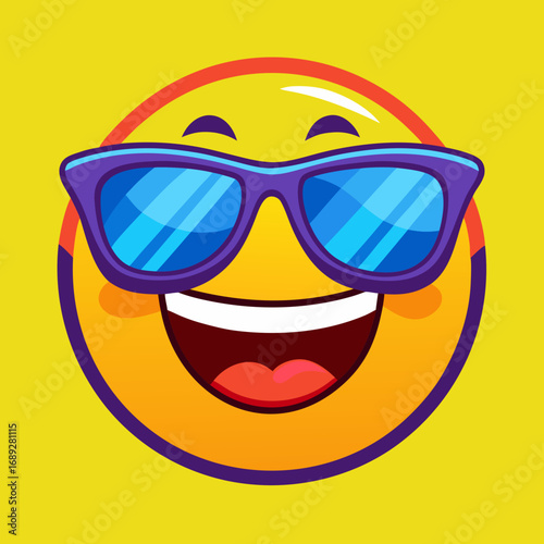 Smiling emoji wearing cool blue sunglasses on yellow background
