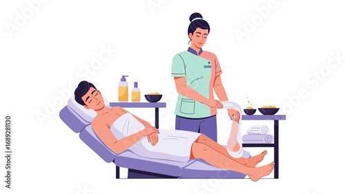 Skilled professional performing a relaxing leg waxing treatment on a client in a spa setting