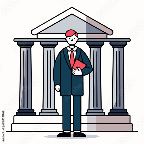 Powerful female attorney standing confidently in front of courthouse pillars, representing justice, law, legal profession, advocacy, courtroom, authority, professionalism.