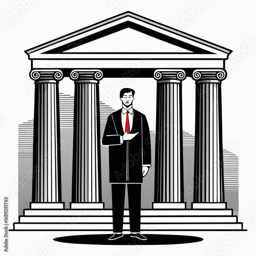 Powerful female attorney standing confidently in front of courthouse pillars, representing justice, law, legal profession, advocacy, courtroom, authority, professionalism.