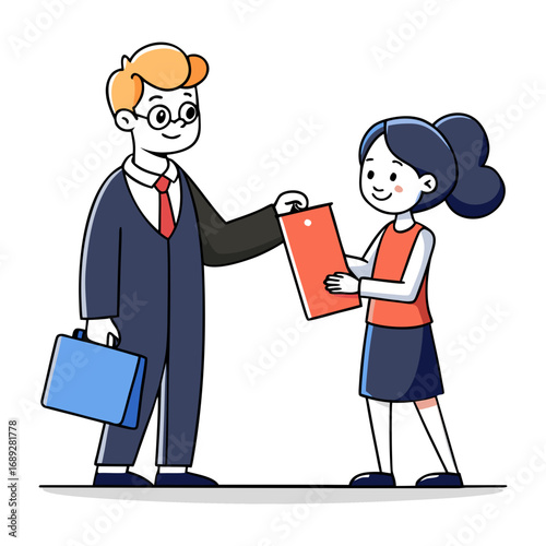 Professional female lawyer presenting case file to judge in courtroom, justice concept, legal consultation, attorney illustration, law office vector design