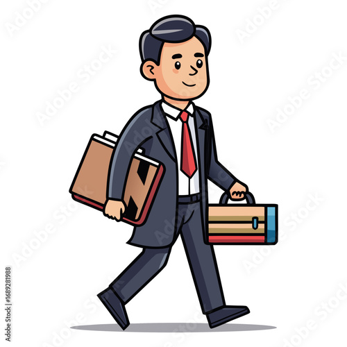 Professional male lawyer carrying briefcase and legal books, courtroom attorney illustration, business law concept, legal profession vector artwork