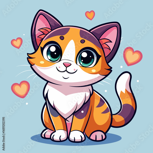 Adorable cartoon calico cat with big green eyes and hearts