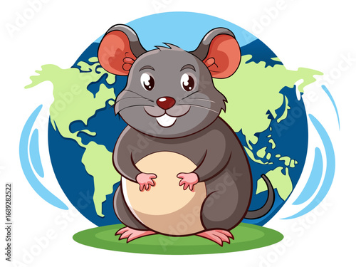 Cute cartoon mouse standing in front of the earth