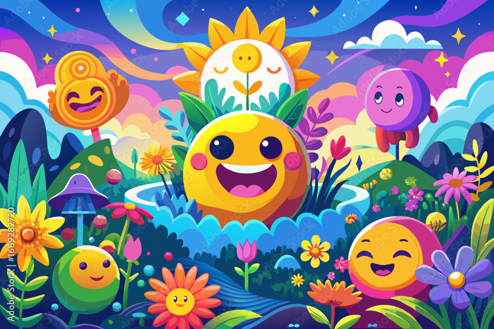 Fototapeta premium Whimsical characters and vibrant nature in a magical landscape
