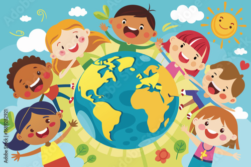 Diverse children holding hands around the planet earth