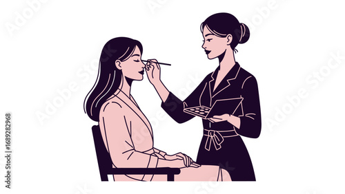 Professional makeup artist applying cosmetic foundation to a seated client s face with a brush