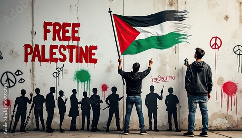 Protesters holding palestinian flag against a wall with free palestine graffiti and peace symbols, symbolizing solidarity and resistance