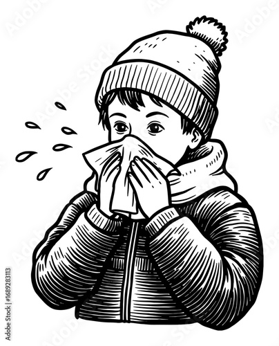 Unwell Young Boy Blowing His Nose with a Tissue Wearing Warm Winter Hat and Jacket Black and White Outline Line Art Drawing Illustration