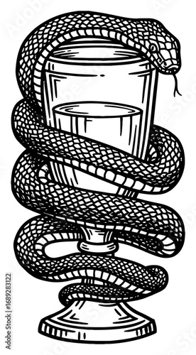 Snake Coiling Around a Grail with Liquid Black and White Outline Line Art Drawing Detailed Vintage Engraving Style