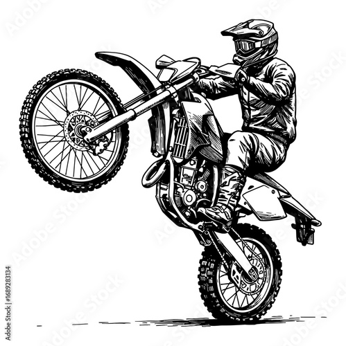 Trail Motorcycle Doing a Wheelie Action Stunt in Dynamic Black and White Outline Line Art Drawing