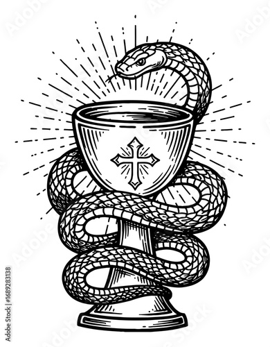 Black and White Outline Line Art Drawing of Snake Coiling Around Holy Grail with Liquid and Shining Effect
