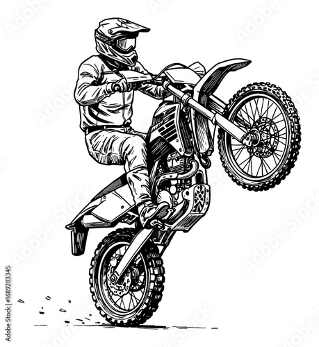 Trail Motorcycle Rider Performing Wheelie Stunt Black and White Outline Line Art Drawing