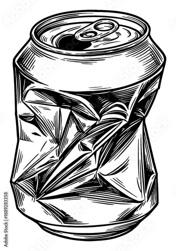 Crushed Soda Can Black and White Outline Line Art Drawing Isolated Object Aluminum Beverage Container