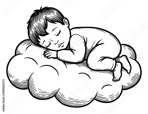 Cute Sleeping Baby on Cloud Peacefully Dreamy Black and White Outline Line Art Drawing Illustration
