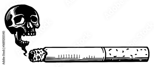 Burning Cigarette with Deadly Skull Shaped Smoke Rising Up Black and White Outline Line Art Drawing