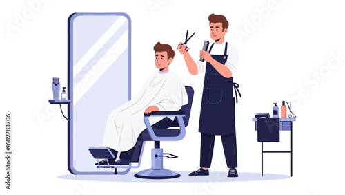 Professional barber with scissors and comb giving a stylish haircut to a client in a modern salon