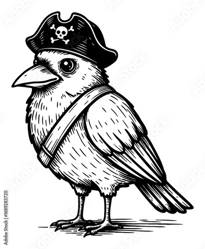 Cute Crow with Pirate Hat and Bandolier Cartoon Style Black and White Outline Line Art Drawing