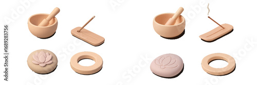 Minimalist spa and wellness accessories collection with incense holder, mortar and pestle, and a symbolic lotus flower