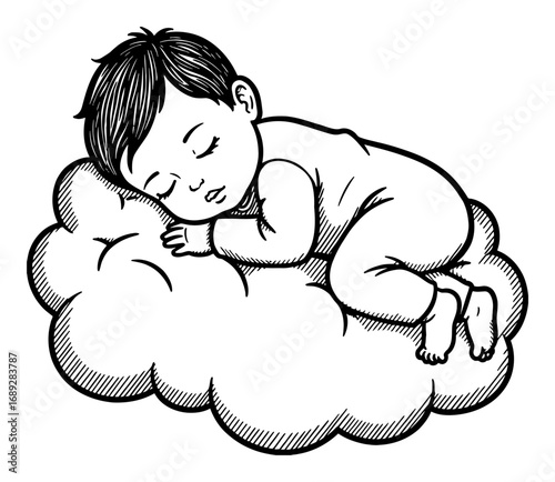Cute Sleeping Baby on Soft Cloud Dreamy Peaceful Black and White Outline Line Art Drawing Illustration