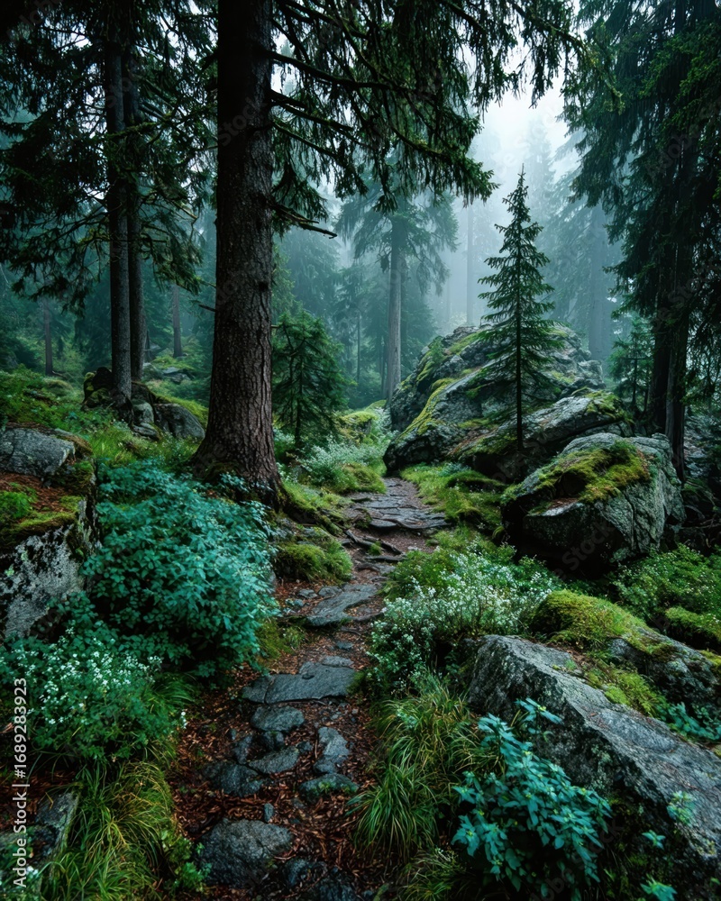 Fototapeta premium Foggy fantasy forest landscape with eerie ambiance