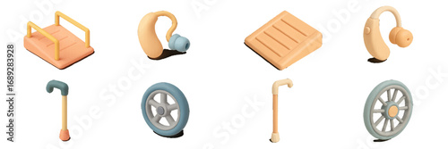 3D style icon set of disability and accessibility equipment including wheelchair ramp, hearing aid, and walking cane