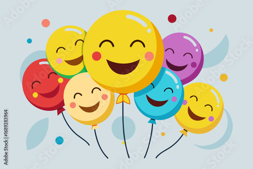 Happy smiley face balloons floating together in celebration