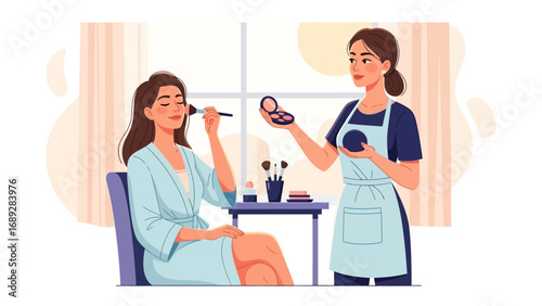 A skilled makeup artist applying foundation to a woman s face with a brush in a well lit room