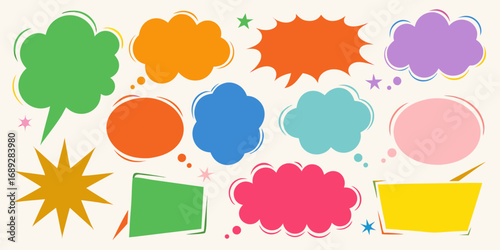 Collection of colorful cartoon speech bubbles and comic book elements on a light background