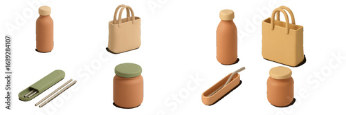 Isometric set of reusable eco-friendly products for a sustainable lifestyle including water bottle, tote bag, food jar, and metal straws