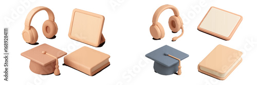 Education and e-learning symbols with graduation cap, headphones, book, and tablet for online courses and university study