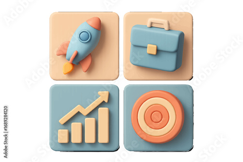 Collection of 3D style business icons featuring a rocket launch, portfolio briefcase, financial growth graph, and goal target