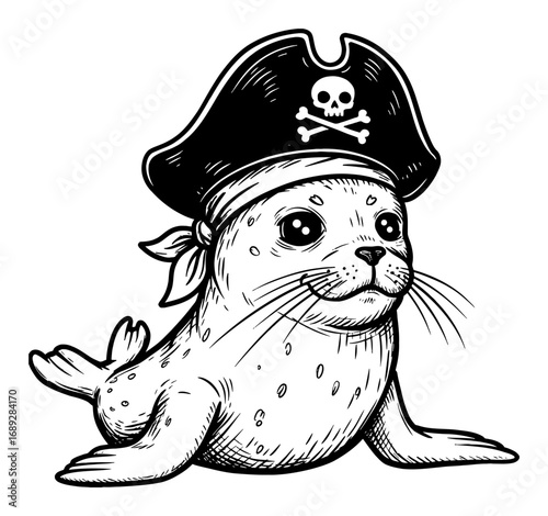 Adorable Baby Seal Wearing a Pirate Hat Portrait in Cartoon Style Black and White Outline Line Art Drawing