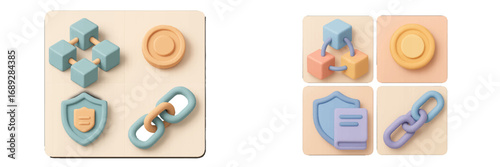 3D icon set for blockchain technology with security shield, network blocks, target symbol, and chain link elements
