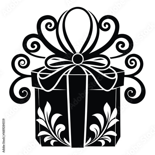 Ornate black gift box with decorative swirls and floral elements Keywords: gift, present, box, ribbon