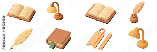 A set of 3D icons for education and literature, including open books, desk lamps, a quill pen with inkwell, and bookmarks in a soft clay style