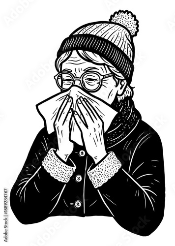 Sick Grandma Blowing Her Nose with Tissue Wearing Winter Clothes and Glasses Black and White Outline Line Art Drawing