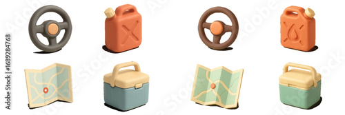 3D travel and road trip icon set with steering wheel, gas can, navigation map, and cooler box for adventure and vacation concepts