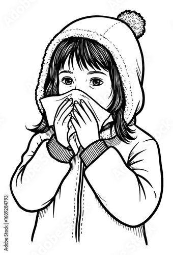 Sick Little Girl Blowing Nose with Tissue Wearing Winter Clothes Black and White Outline Line Art Drawing