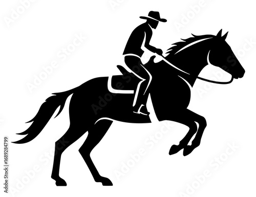 Dynamic Cowboy Rodeo Horse Rearing Silhouette Black and White Outline Line Art Drawing Logo Design