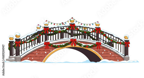 A snow-covered bridge adorned with festive Christmas decorations, including garlands and bows.