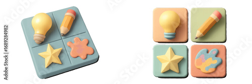 Creative 3D icon set in a soft pastel clay style featuring a lightbulb for ideas, a pencil for writing, a star for achievement, and a paint palette for art