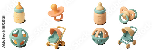 A collection of 3D baby care items including a feeding bottle, pacifier, rattle toy, and stroller in pastel colors isolated on a white background