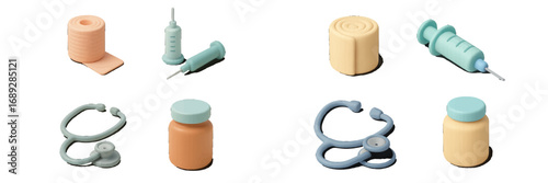 Set of 3D medical icons including stethoscope, syringe, bandage, and pill bottle isolated on a white background