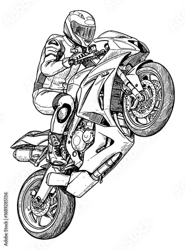 Dynamic Motorcyclist in Leather Suit on Sportbike Performing a Wheelie Black and White Outline Line Art Drawing