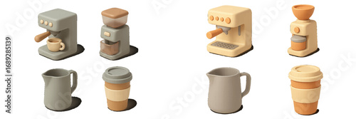 Isometric 3D coffee equipment set with espresso machine, grinder, mug, and travel cup isolated on a white background